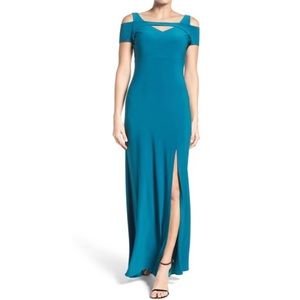 Floor length cold shoulder formal teal dress